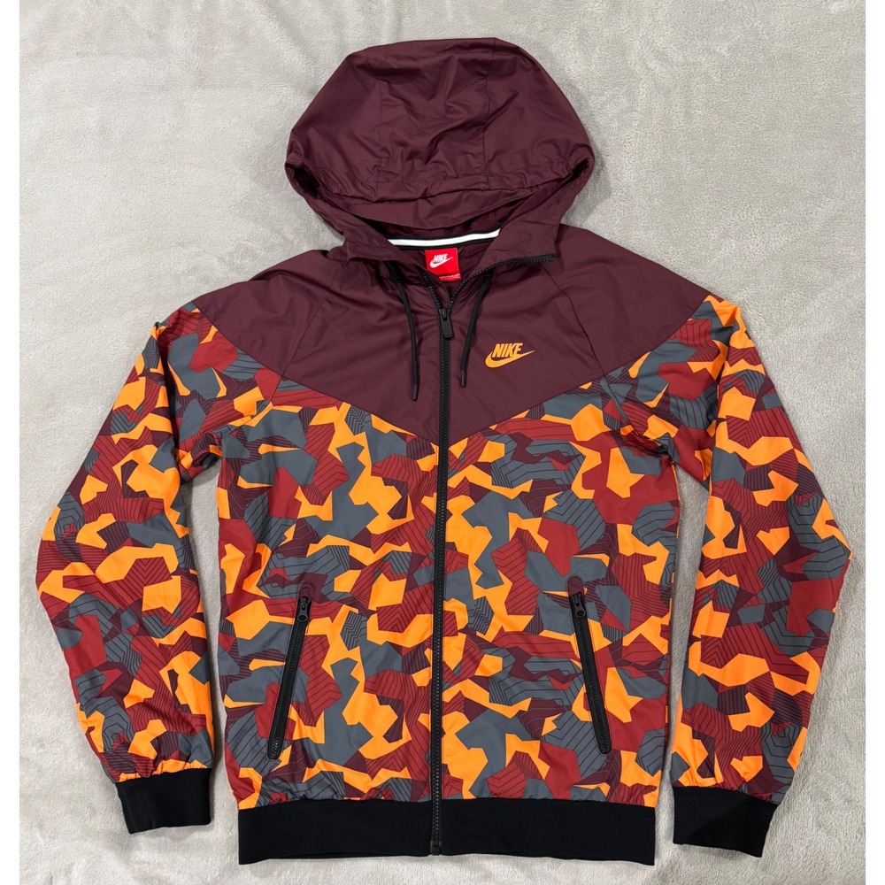Nike Sportswear Windrunner Camo Hooded Jacket Burgundy Orange XS 823369-681